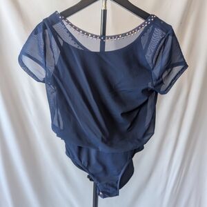 Navy Mesh Overlay Bodysuit with Embellished Neckline